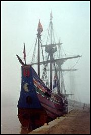 Tall ship Half Moon in the early morning mist
